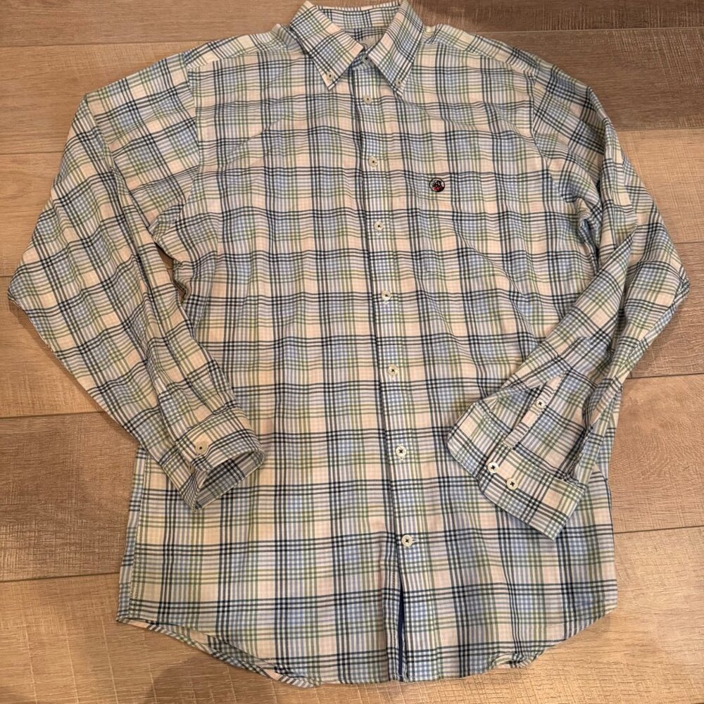 SOUTHERN PROPER MENS GREEN BLUE TAN PLAID LONG SLEEVE BUTTON SHIRT